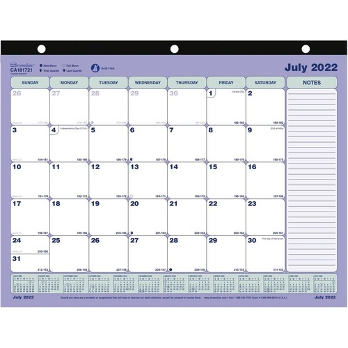 Brownline Academic Monthly Desk Pad 2022-2023 - Academic - Monthly - 13 Month - July 2022 - July 2023 - 1 Month Single Page Layout - 11" x 8 1/2" White Sheet - 3 x Holes - Desk Pad - Paper - Tear-off, Notes Section, Perforated Sheet, Top Bound, Heavyweigh