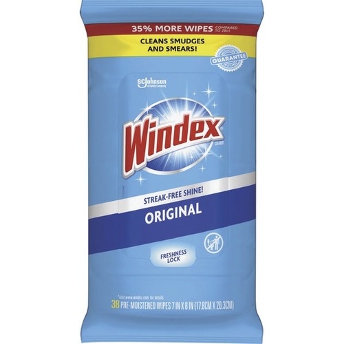 Windex® Cleaning Wipe - For Multipurpose, Multi Surface - Alcohol-free, Presaturated, Phenol-free, Disinfectant, Resealable, Pre-moistened, Streak-free, Rinse-free - Pulp PaperPacket - 38 Wipe