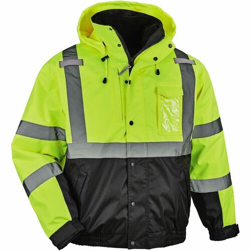 Ergodyne 8381 Hi-Vis 4-in-1 Thermal Bomber Jacket - Recommended for: Construction, Transportation, Baggage Handling, Outdoor, Snowmobiling, Hiking - 3XL - Wind, Water, Cold Temperature Protection - Snap/Zipper Closure - 6 Pocket(s) - 300D Polyester, Fleec