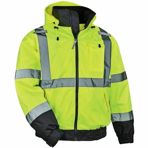 Ergodyne GloWear 8379 Hi-Vis Lined Bomber Jacket - Recommended for: Construction, Transportation, Baggage Handling, Outdoor, Hiking, Running - Medium - Water, Cold Temperature, Wind Protection - Zipper Closure - 4 Pocket(s) - Fleece, 300D Oxford Polyester