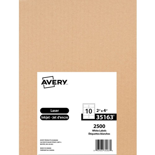 Avery® White Rectangle Shipping Labels - 4" Height x 2" Width - Permanent Adhesive - Rectangle - Laser, Inkjet - Matte White - Paper - 10 / Sheet - 2500 / Pack - Jam-free, Smudge-free - Multipurpose Labels - AVE35163