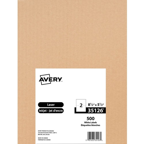 Avery® White Rectangle Shipping Labels - 8 1/2" Height x 5 1/2" Width - Permanent Adhesive - Rectangle - Inkjet, Laser - Matte White - Paper - 2 / Sheet - 500 / Pack - Jam-free, Smudge-free - Multipurpose Labels - AVE35126