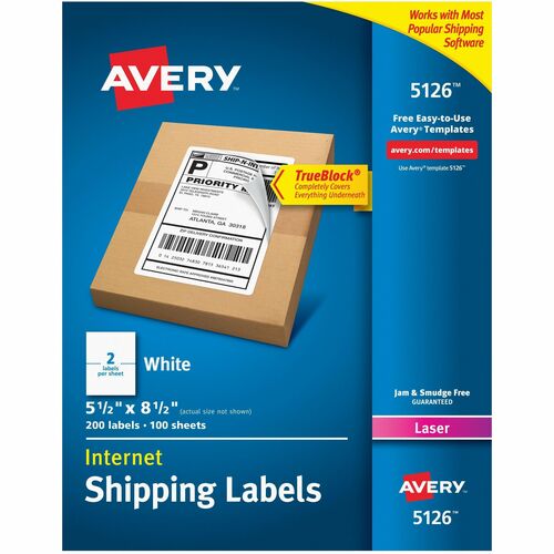 Avery® White Shipping Labels - 5 1/2" Width x 8 1/2" Length - Permanent Adhesive - Rectangle - Laser - White - Paper - 2 / Sheet - 100 Total Sheets - 200 Total Label(s) - 5