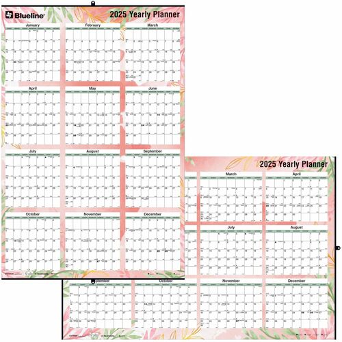 Blueline Tropical Annual Wall Calendar 24"x 36" , English - Large Size - Monthly - January 2025 - December 2025 - 36" x 24" Sheet Size - Metal - Bilingual, Yearly Calendar, Laminated, Eyelet, Hanging Hole, Printed - 1 Each
