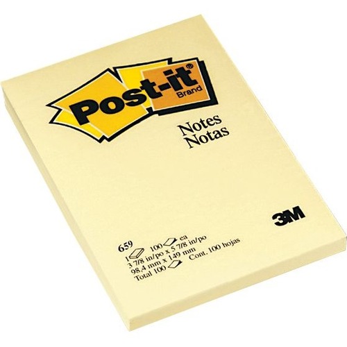 3M Notes, Canary Yellow - 100 - 4" x 6" - Rectangle - 100 Sheets per Pad - Unruled - Yellow - Paper - Self-adhesive, Repositionable - 1 Each = MMM659