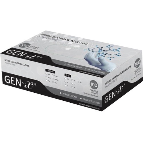 Gen-X Nitrile Examination Gloves, Powder Free, Large, 100 Gloves Per Box - Hand Protection - Nitrile Coating - Large Size - For Right/Left Hand - Rubber - Blue - Abrasion Resistant, Chemical Resistant, Latex-free, Water Proof, Water Resistant, Non-sterile