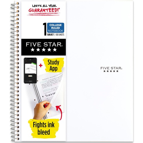 Mead Five Star Wirebound Notebook, 1 Subject, College Ruled, 11" x 8 1/2" , White - 1 Subject(s) - 100 Sheets - 100 Pages - Wire Bound - 11" x 8 1/2" - Bleed Resistant, Durable, Water Resistant, Wear Resistant, Tear Resistant, Spill Resistant, Pocket, Rei