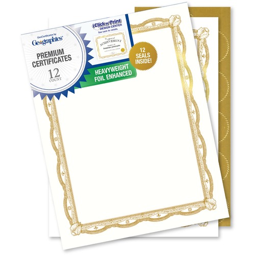Geographics Premium Certificates with Gold Seals - 65 lb Basis Weight - 11" - Inkjet Compatible - Gold, Assorted, Multicolor with Gold Border - Card Stock, Foil - 12 / Pack