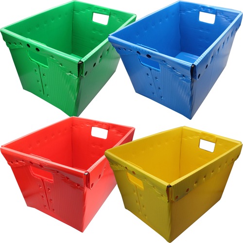 Flipside Primary Assorted Plastic Storage Postal Tote - 4 Pack - x 13.3" Width x 11.6" Depth x 18.3" Height - 11 gal - Lid Closure - Rugged - Plastic - Assorted - For Moving, Storage - 4 / Pack