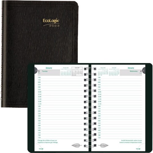 Brownline® EcoLogix Daily Appointment Planner, 100% Recycled, FSC® Certified, Black, January To December 2023, CB410W.BLK - Daily - 12 Month - January 2023 - December 2023 - 7:00 AM to 7:30 PM - Half-hourly - 1 Day, 2 Day Single Page Layout - 5" x
