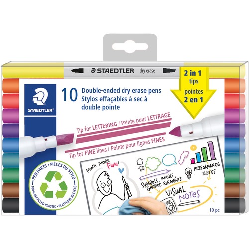 Staedtler Double-Ended Dry Erase Markers Assorted Colours 10/Pkg - Chisel, Bullet Marker Point Style - Assorted Dry Ink - 10 / Pack
