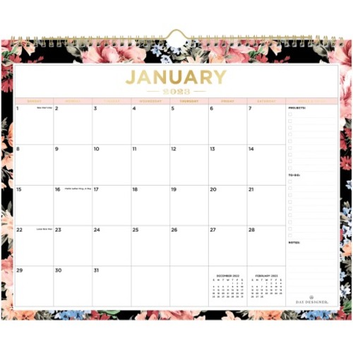 Day Designer Monthly Wall Calendar, 15” x 12”, Romance Black, January To December 2023, 138752 - Monthly - 12 Month - January 2023 - December 2023 - 1 Month Single Page Layout - 15" x 12" White Sheet - Twin Wire - White - Paper - Unruled Daily