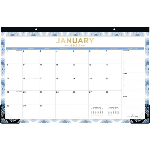 Day Designer Monthly Desk Pad Planning Calendar, 17” x 11”, Perfectly Paisley Blue, January To December 2023, 138800 - Medium Size - Monthly - 12 Month - December 2023 - December 2023 - 1 Month Single Page Layout - 9" x 17" Multicolor Sheet - 