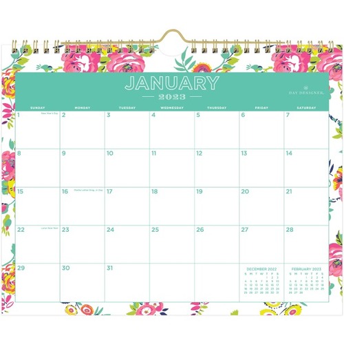 Day Designer Monthly Wall Calendar, 11” x 8-3/4”, Peyton White, January To December 2023, 103629 - Monthly - 12 Month - January 2023 - December 2023 - 1 Month Double Page Layout - 11" x 8 3/4" White Sheet - Twin Wire - Peyton White, Gold, Mult