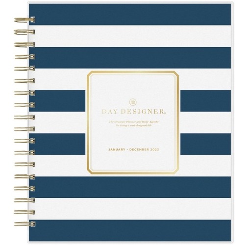 Day Designer Daily/Monthly Planning Calendar, 8” x 10”, Navy Stripe Frosted, January To December 2023, 103622 - Daily, Monthly - 12 Month - January 2023 - December 2023 - Hourly - 1 Day Single Page Layout 1 Month Double Page Layout - White She