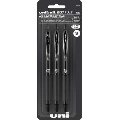 uniball™ 207 Plus+ Retractable Gel Pens - Retractable - Black Gel-based, Nanofiber Ink, Pigment-based Ink - 3 / Pack