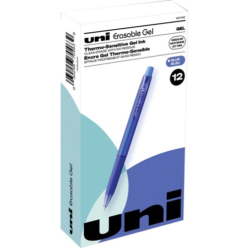 uniball™ Erasable Gel Retractable Pens - Medium Pen Point - 17.78 mm Pen Point Size - Retractable - Blue Thermosensitive Gel Ink, Water Based, Gel-based Ink - Metallic Barrel - 12 / Pack