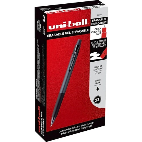 uniball™ Erasable Gel Retractable Pens - Medium Pen Point - 17.78 mm Pen Point Size - Retractable - Black Water Based, Gel-based Ink - Metallic Barrel - 12 / Pack