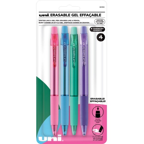 uniball™ Erasable Gel Retractable Pens - 17.78 mm (0.70") Medium Pen Point - Retractable - Assorted Ink - Water Based, Gel-based - Metallic Barrel - 4 / Pack