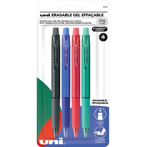 uniball™ Erasable Gel Retractable Pens - Medium Pen Point - 17.78 mm Pen Point Size - Retractable - Assorted Water Based, Gel-based Ink - Metallic Barrel - 4 / Pack