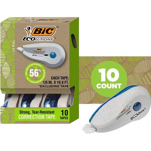 Wite-Out Ecolutions Correction Tape - 19.8 ft Length - 1 Line(s) - White Tape - Non-refillable, Tear Resistant, Mess-free, Quick Drying - 10 / Pack - White - Correction Tapes - BICWOET10WHI