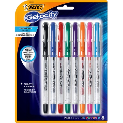 BIC Gel-ocity Stic Gel Pens - Fine Pen Point - 0.5 mm Pen Point Size - Assorted - 8 / Pack