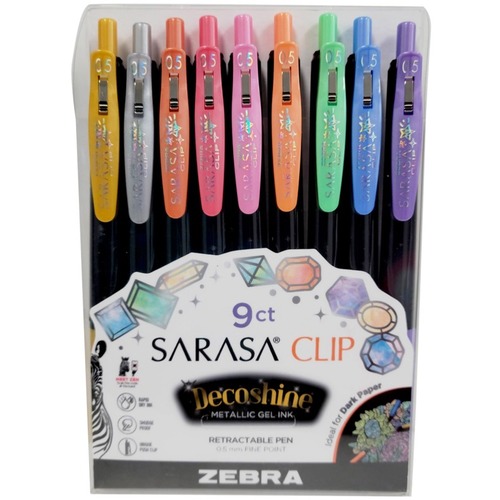 Zebra Pen Sarasa Clip Decoshine Retractable Gel Pens - Fine Pen Point - Retractable - Assorted Metallic Water Based, Gel-based Ink - Black Barrel - 9 / Pack