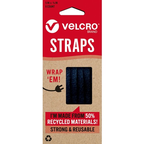 VELCRO® Wrap 'Em! Eco Straps - 0.38" (9.5 mm) Length x 5" (127 mm) Width - Black