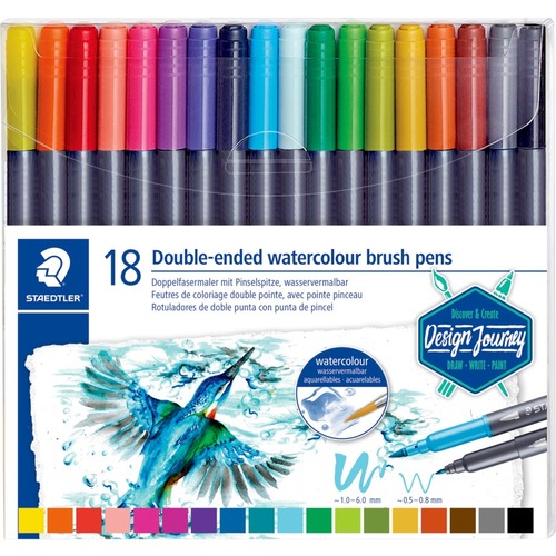 Staedtler Double-Ended Watercolour Brush Pens - Fine, Thin Marker Point - Brush Marker Point Style - Assorted Water Based Ink - 18 / Pack - Art Markers - STD3001TB18