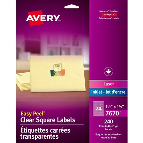 Avery® Easy Peel Address Label - 1 1/2" x 1 1/2" Length - Square - Laser, Inkjet - 240 / Pack - Print-to-the Edge - Mailing & Address Labels - AVE7670