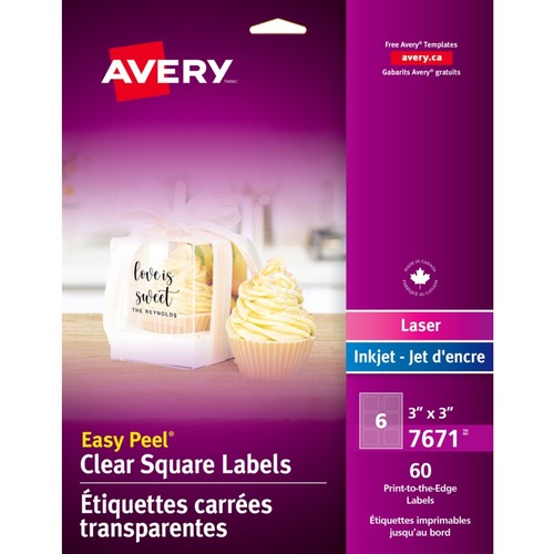 Avery® Easy Peel Address Label - 3" x 3" Length - Laser, Inkjet - 60 / Pack - Print-to-the Edge - Mailing & Address Labels - AVE7671
