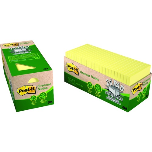 Post-it® Greener Adhesive Note - 1800 x Canary Yellow - 3" x 3" - Square - 75 Sheets per Pad - Canary Yellow - Paper - Sticky, Removable, Eco-friendly - 24 Pad