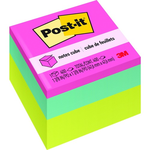 Post-it® Adhesive Note - 400 - 1.88" x 1.88" - Cube - Power Pink, Aqua Splash, Acid Lime - Sticky, Removable, Repositionable, Recyclable - 400 Sheet - Adhesive Note Pads - MMM2051BRT