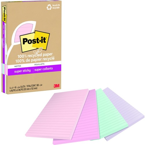 Post-it® Super Sticky Adhesive Note - 180 - 4" x 6" - 45 Sheets per Pad - Assorted Wanderlust Pastel - Removable - 4 Pad