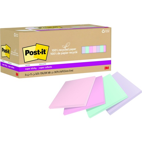 Post-it® Super Sticky Adhesive Note - 1680 - 3" x 3" - Square - 70 Sheets per Pad - Assorted Wanderlust Pastel - Removable - 24 Pads