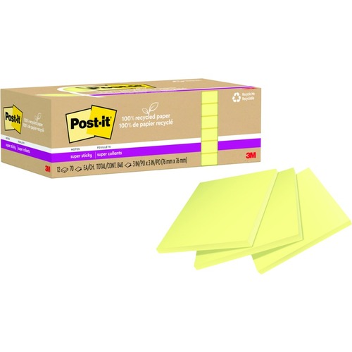 Post-it® Super Sticky Adhesive Note - 840 x Canary Yellow - 3" x 3" - Square - 70 Sheets per Pad - Canary Yellow - Removable - 12 Pad