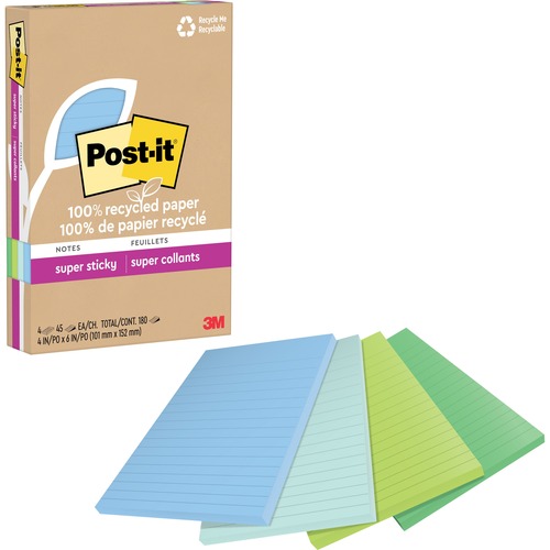 Post-it® Super Sticky Adhesive Note - 180 - 4" x 6" - 45 Sheets per Pad - Assorted Oasis - Removable, Repositionable, Recyclable - 4 Pad - Recycled
