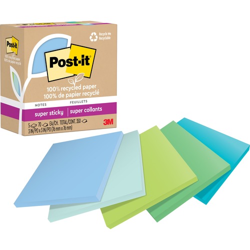 Post-it® Super Sticky Adhesive Note - 350 - 3" x 3" - Square - 70 Sheets per Pad - Assorted Oasis - Removable, Repositionable, Recyclable - 5 Pad - Recycled