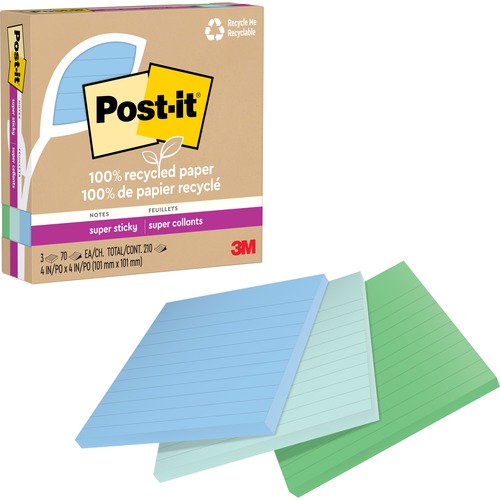 Post-it® Super Sticky Adhesive Note - 210 - 4" x 4" - Square - 70 Sheets per Pad - Ruled - Assorted Oasis - Removable, Repositionable, Recyclable - 3 Pad - Recycled