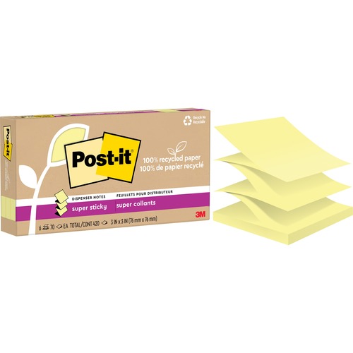 Post-it® Super Sticky Adhesive Note - 420 x Canary Yellow - 3" x 3" - Square - 70 Sheets per Pad - Canary Yellow - Removable, Repositionable, Recyclable, Pop-up - 6 Pad - Recycled