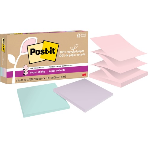 Post-it® Super Sticky Adhesive Note - 420 - 3" x 3" - 70 Sheets per Pad - Assorted Wanderlust Pastel - Removable, Repositionable, Recyclable, Pop-up - 6 Pad - Recycled