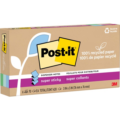Post-it® Super Sticky Adhesive Note - 420 - 3" x 3" - Square - 70 Sheets per Pad - Assorted Oasis - Removable, Repositionable, Recyclable, Pop-up - 6 Pad - Recycled