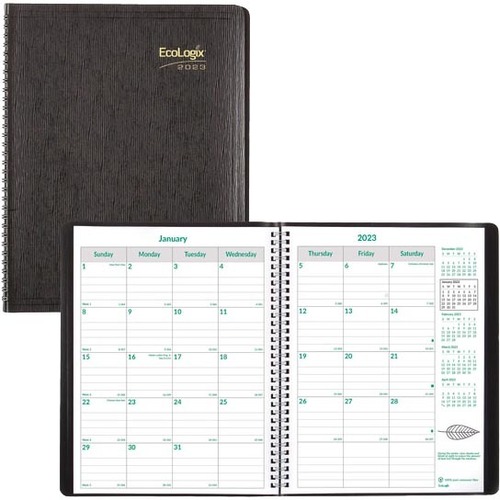 Brownline® EcoLogix 14-Month Monthly Planner, 8-1/2" x 11", 100% Recycled, FSC® Certified, Black, December 2022 To January 2024, CB435W.BLK - Large Size - Monthly - 14 Month - December 2022 - January 2024 - 1 Month Single Page Layout - 8