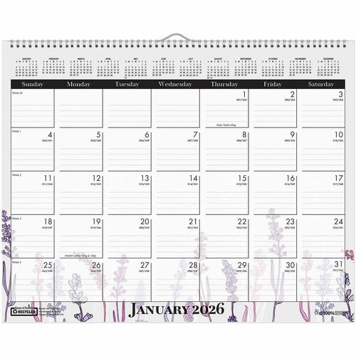 House of Doolittle Recycled Monthly Wall Calendar Wild Flower - Julian Dates - Monthly - 12 Month - January to December - 12" x 15" Sheet Size - Wire Bound - Desk - Wall Mount - Multi - Paper - Hanger, Printed - 1 Each