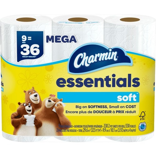 Charmin Essential Soft Mega Roll - Charmin Essentials Strong Mega 2-Ply Toilet Paper Rolls, 4" x 4-1/2", 330 Sheets Per Roll, White, Pack Of 9 Rolls
