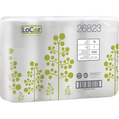 LoCor High-Capacity Bath Tissue - 1 Ply - 3.85" x 4.05" - 3000 Sheets/Roll - White - 18 Rolls Per Container - 6 / Box