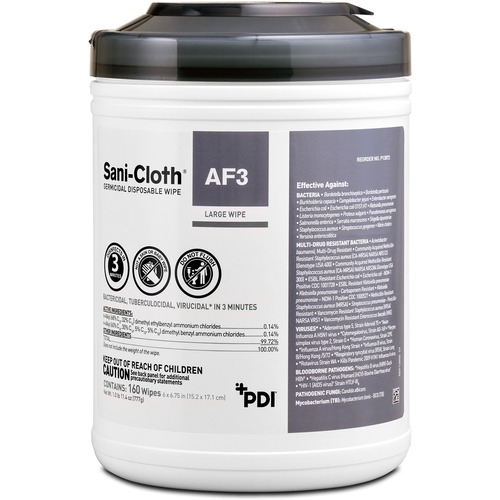 PDI Sani-Cloth AF3 Germicidal Wipes - 6.75" Length x 6" Width - 95.0 / Canister - 1 Each - Alcohol-free, Bleach-free, Virucidal, Fungicide, Fragrance-free, Disposable, Phenol-free, Ammonia-free, Disinfectant, Pre-moistened, Strong, ... - White