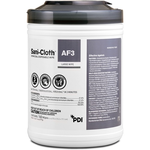 PDI Sani-Cloth AF3 Germicidal Wipes - 6.75" Length x 6" Width - 160 / Canister - 12 / Carton - Alcohol-free, Bleach-free, Virucidal, Fungicide, Fragrance-free, Disposable, Phenol-free, Ammonia-free, Disinfectant, Pre-moistened, Strong, ... - White