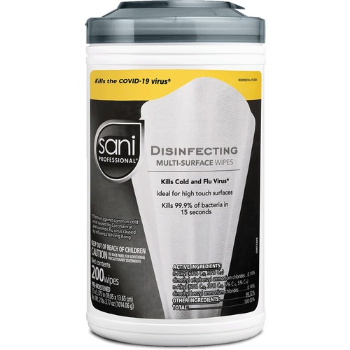 Sani Professional Disinfecting Multi-Surface Wipes - Ready-To-Use Wipe - 200 / Tub - 1 Each - White