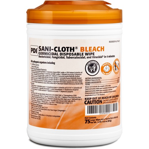PDI Sani-Cloth Bleach Germicidal Wipes - 10.50" Length x 6" Width - 75 / Can - 1 Each - Disposable, Presaturated, Pre-moistened, Fungicide - White